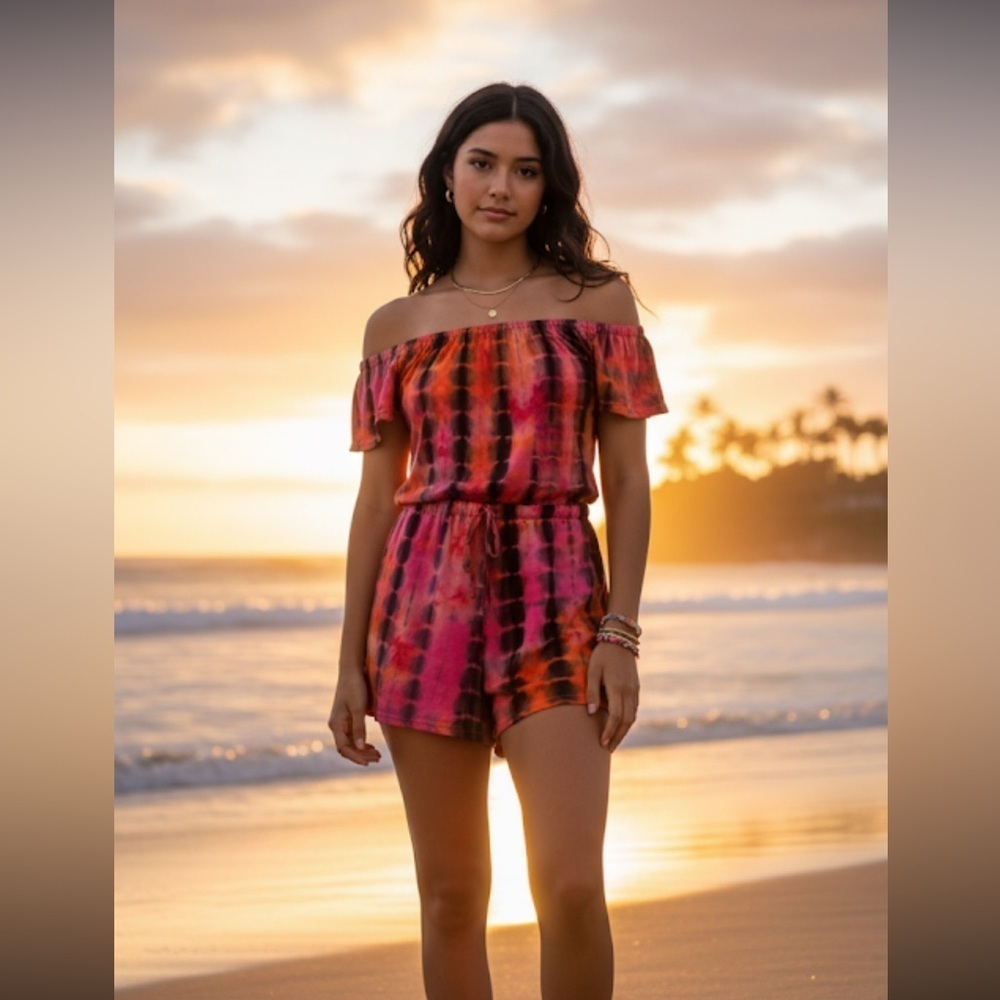 Very J tie dye ruched shoulders multicolor romper size L